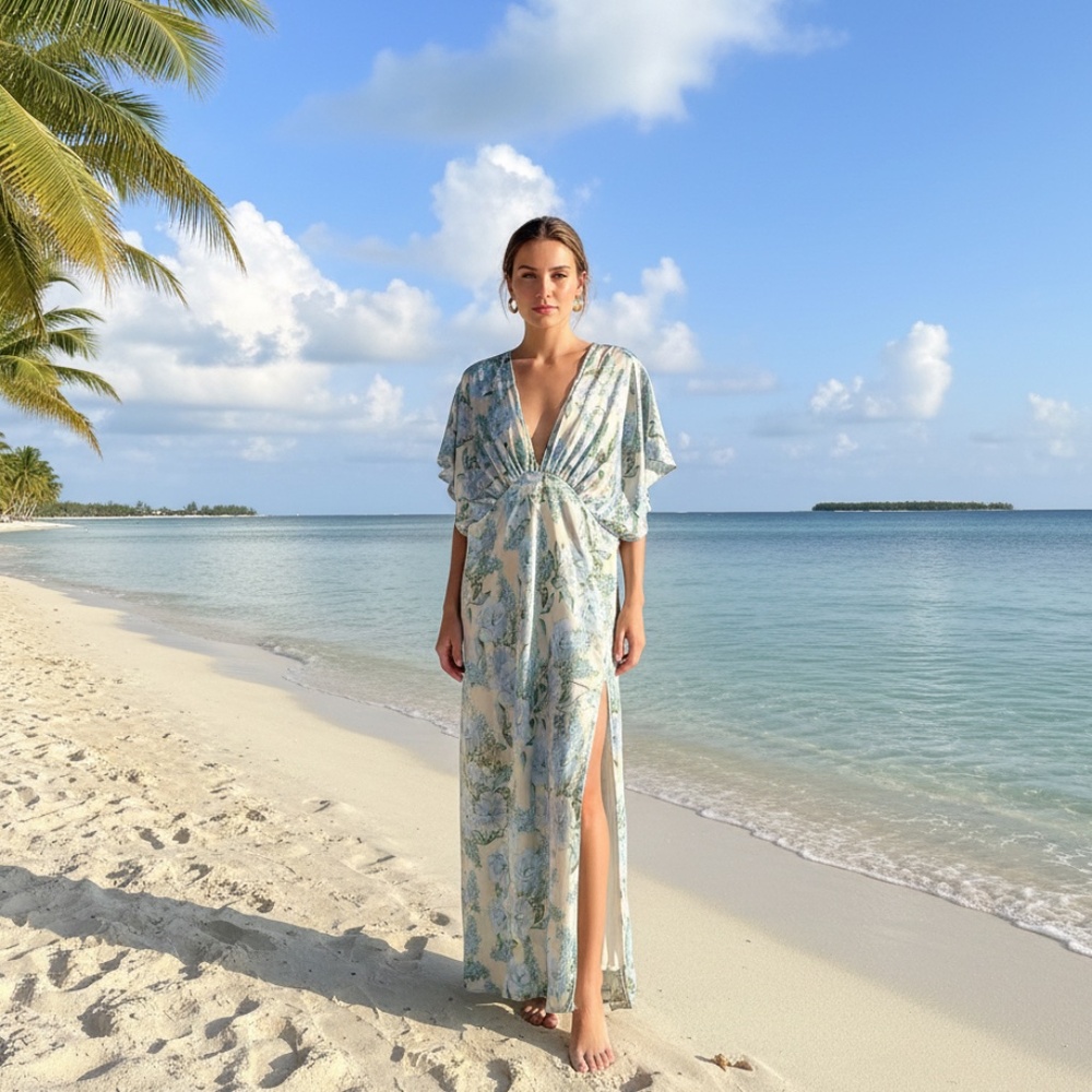 Floral Maxi Beach Dress – Deep V Neck Tropical Satin with Side Slit